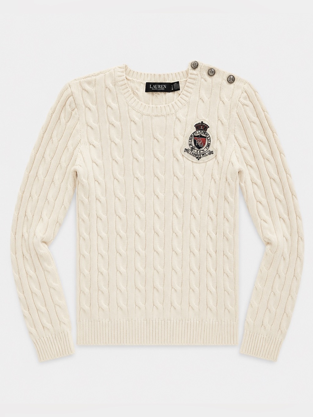Lauren Ralph Lauren Cable-Knit Cotton Sweater Cream Crest Shoulder Buttons S